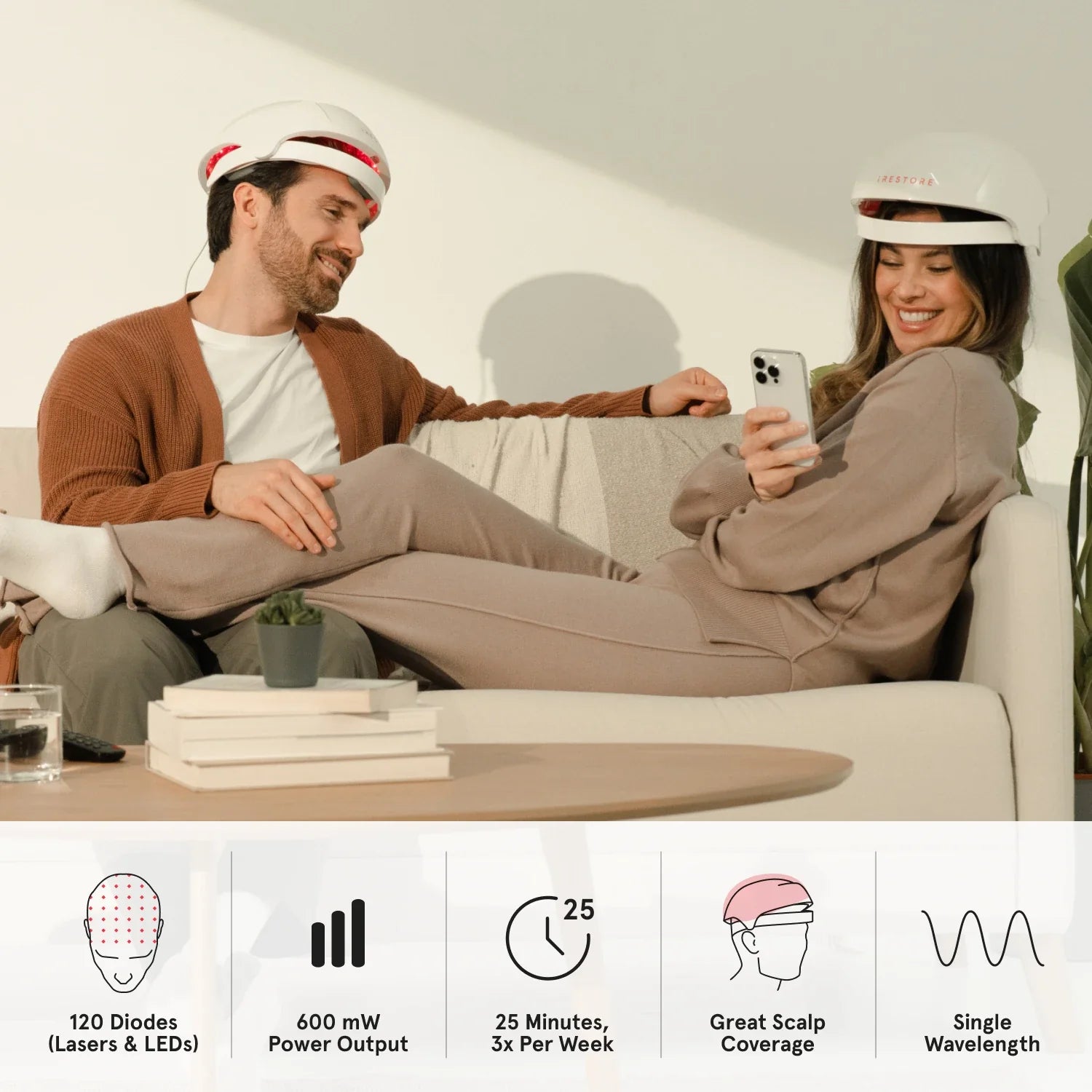 Image of a man and woman wearing the Essential hair device both sitting on a couch. The image shows the key benefits of the Essential hair device. 120 diodes, 600 milliwatt power output, 25 minutes use (3 times per week), great scalp coverage and single wavelength.