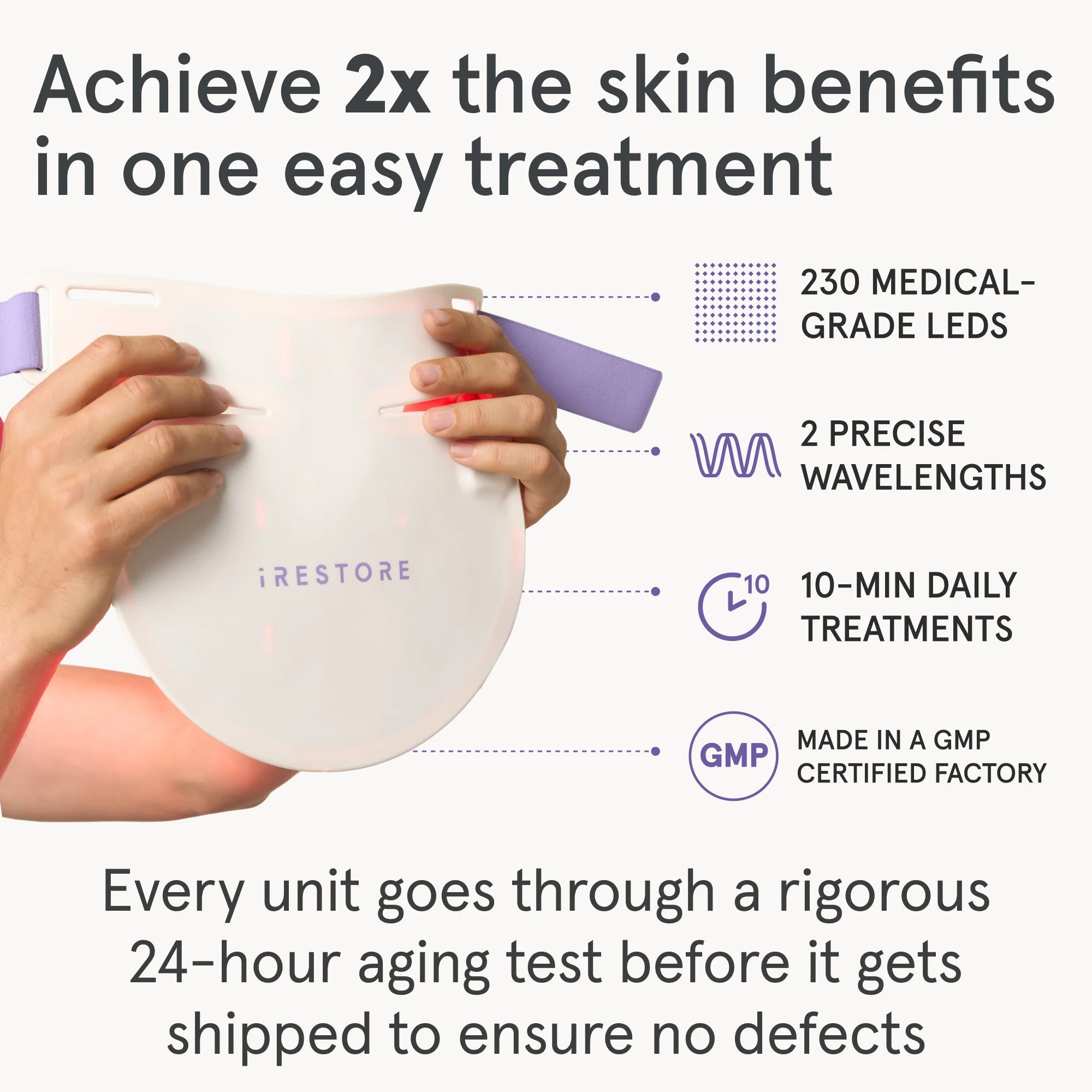 Achieve 2 times the skin benefits in one easy treatment with the iRESTORE LED neck and chest mask featuring 230 Medical-Grade LEDs, 2 Precise Wavelengths, 10-Min Daily Treatments., Made in a GMP certified factory. Every unit goes through a rigorous 24 hour aging test before it gets shipped to ensure no defects
